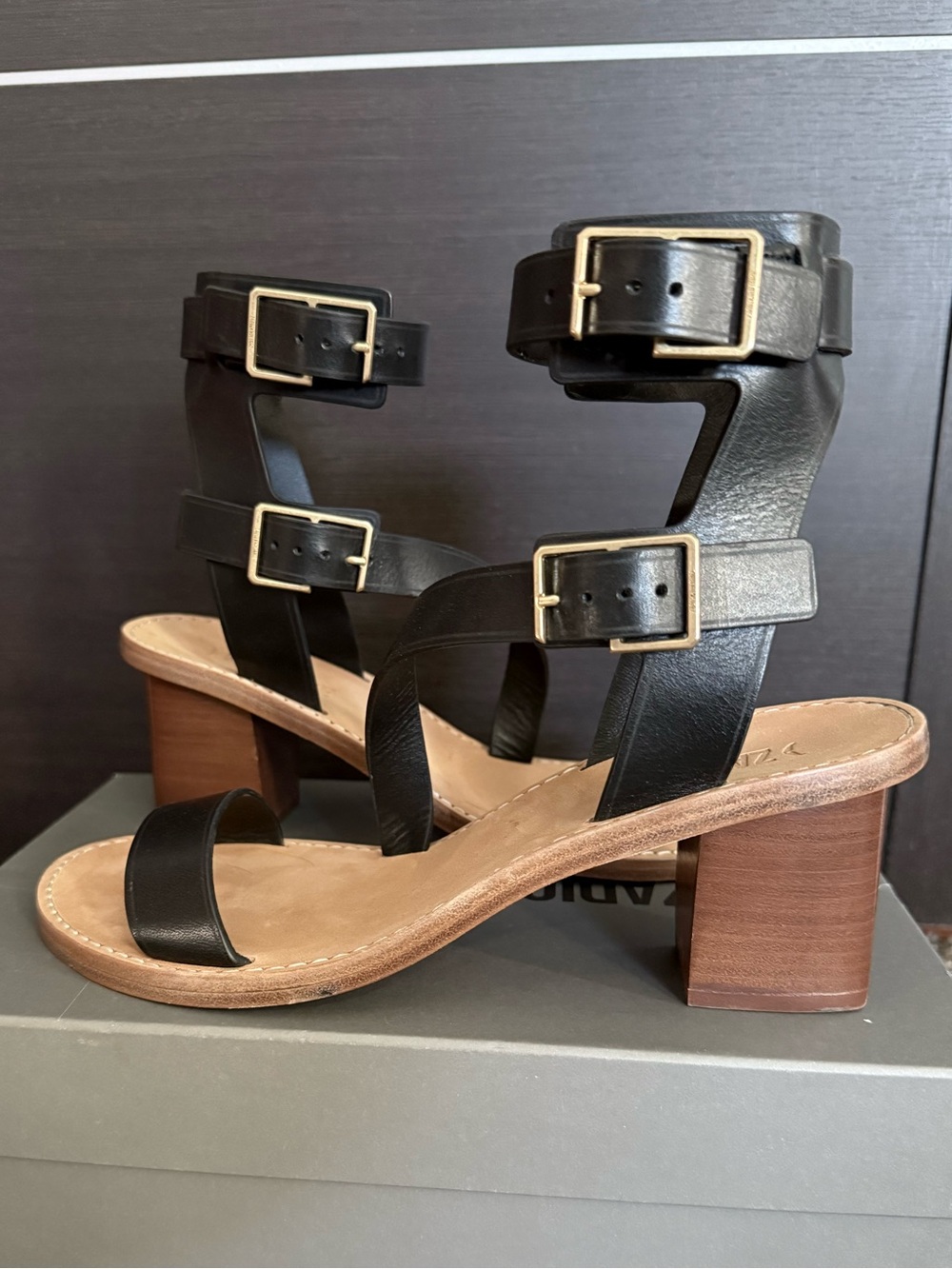 Zadig & Voltaire Black Leather Block Heel Buckle Sandals